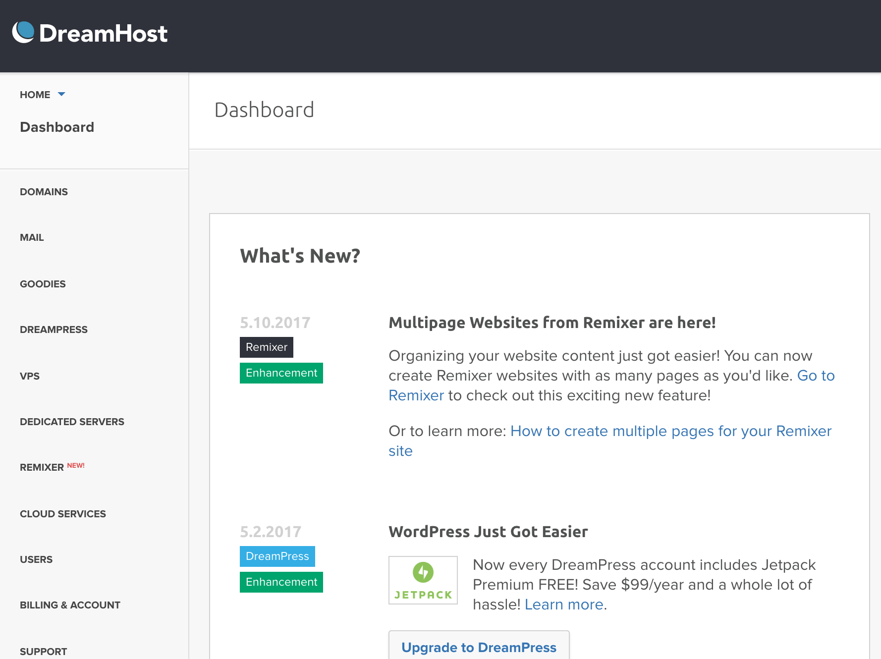 Dreamhost dashboard